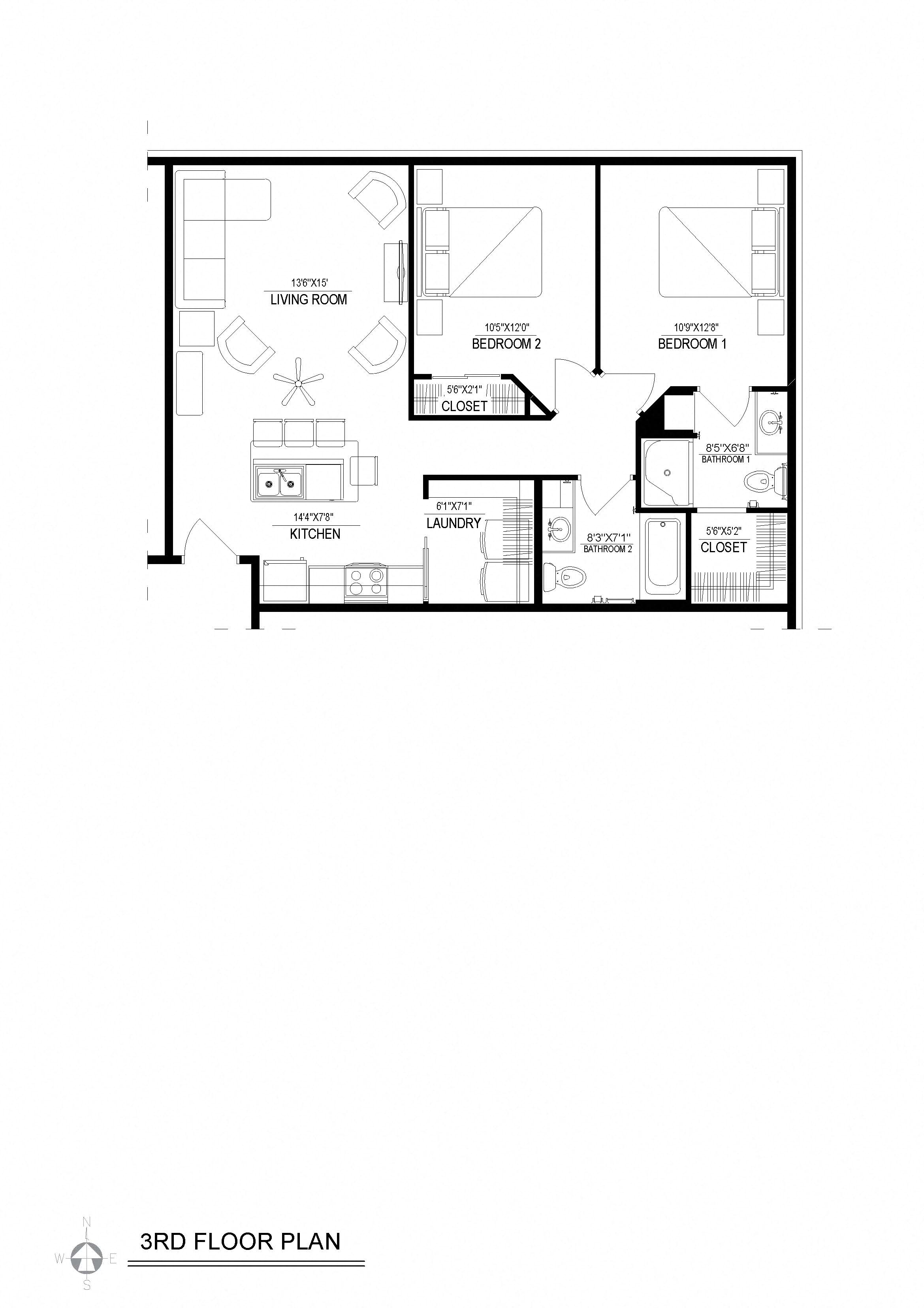 Floor plan for 2 beds, 2 baths, 923 sqft